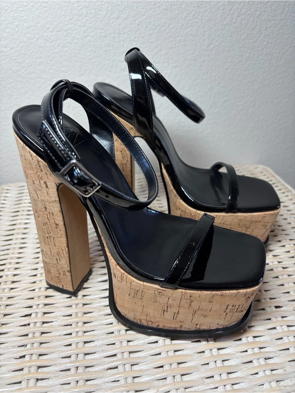 Black Patent Cork Platform Sandals with Ankle Strap